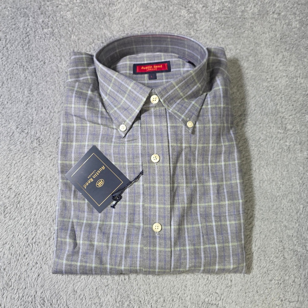 Austin Reed Mens L Button Down Shirt Grey Blue Plaid Herringbone Cotton NWT
